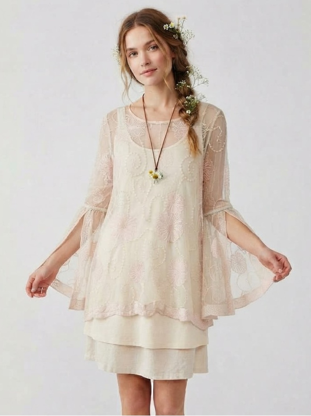 Boho Fairycore Sheer Lace Embroidered Top Feminine Romantic Goblincore Beachy